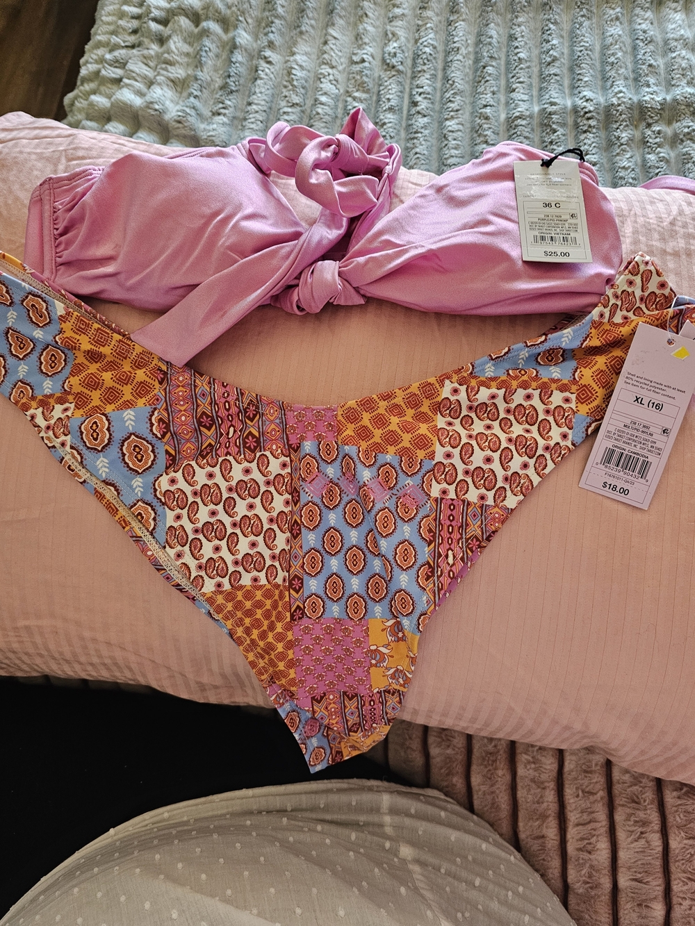 Target Pink Tie-Front Bikini Top with Multicolor Patchwork Bottoms